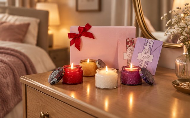 ADELEGOURDAIN candle gift set, on a bedroom dresser