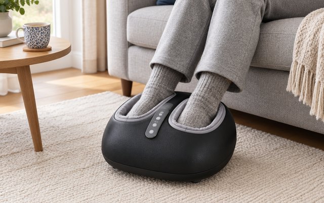 Feet in grey socks resting in a black foot massager on a living-room rug beside a sofa