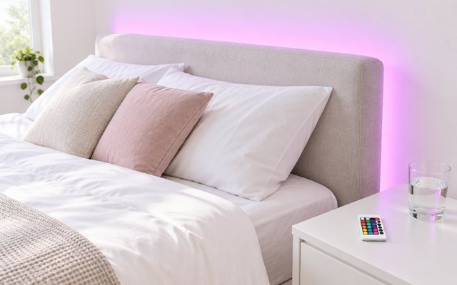 DAYBETTER RGB LED strip glowing behind a headboard, with its remote