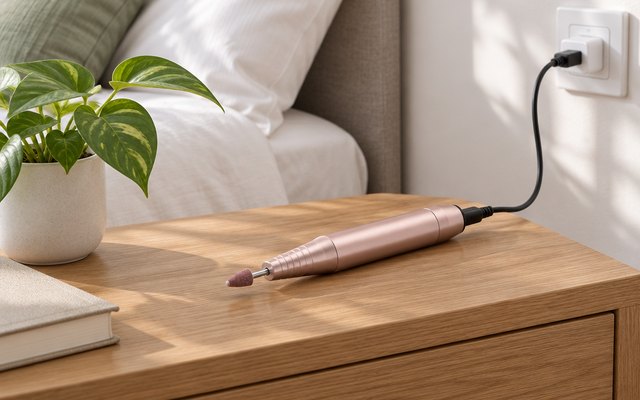 MelodySusie USB nail drill, on a bedside table in a calm bedroom, its USB cable plugged into a wall socket, a small plant beside it