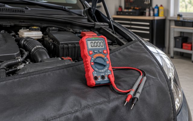 AstroAI M4K0R multimeter, on a fender cover beside the open hood of a car in a home garage