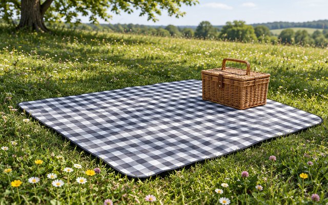 Gingham picnic blanket, on a meadow with a wicker basket on it