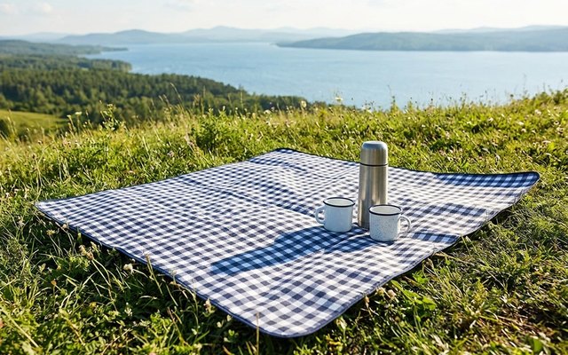 A navy-and-white gingham picnic blanket on a grassy hillside lookout above a lake, with a steel thermos and two enamel mugs