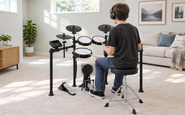 A full electronic drum kit with white mesh pads being played in a bright den