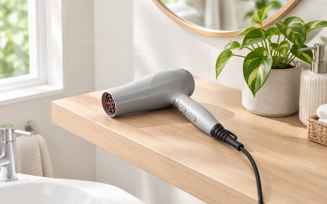 Remington RMGT9 hair dryer, resting on a shelf in a bright bathroom with a round mirror and a plant