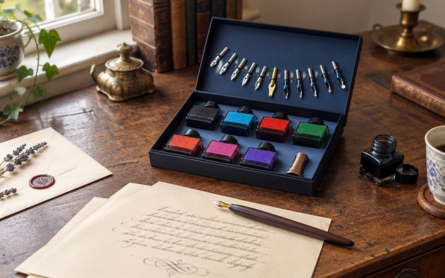 Plotube dip pen set, on an antique wooden writing desk with sheets of cream paper