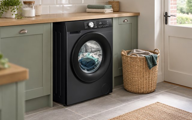 Hisense 3S washer dryer, in a utility room beside a laundry basket