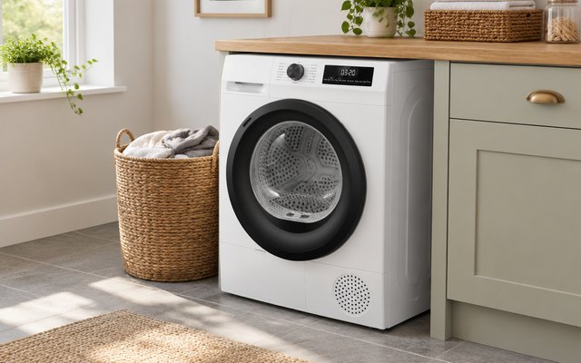 Hisense 1Q heat pump tumble dryer, in a bright British utility room under a wooden worktop, a laundry basket beside it