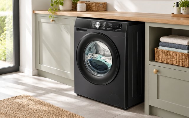 Hisense 3S black washer dryer in a bright utility room, a basket of folded towels beside it