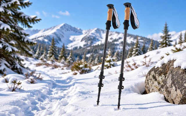 KINGGEAR 7075 Aluminum Trekking Poles with Cork Grips, pair of cork-grip trekking poles planted in snow beside a winter trail, bright blue sky