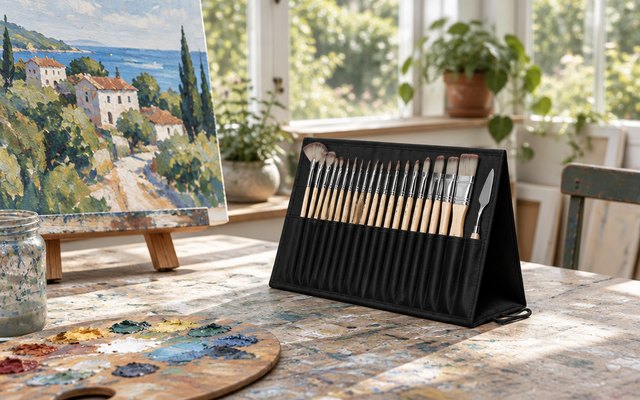 Paintbrush set in a stand-up holder, on a paint-spattered table in a conservatory studio beside an acrylic painting on a canvas and a palette