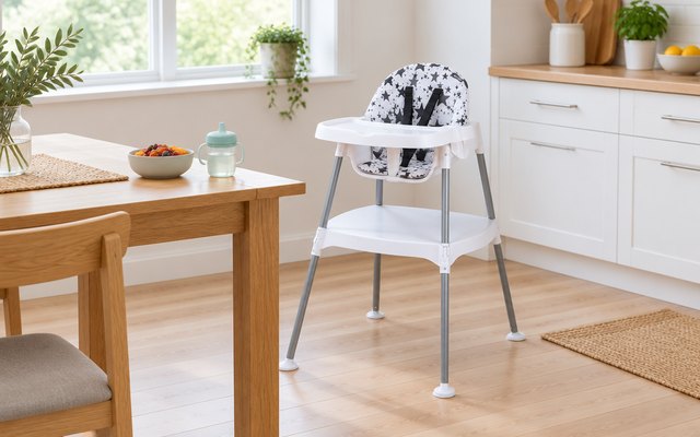 Evenflo Eat and Grow 4-in-1 Convertible High Chair, convertible high chair at a family dining table in a bright kitchen, a small bowl of fruit and a sippy cup o