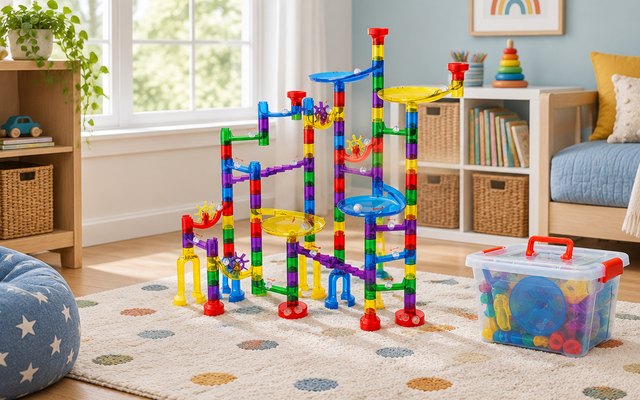 Marble Mania marble run, built into a tall run on a playroom rug, its storage tub beside it