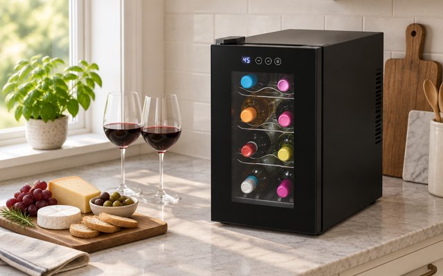 Cuisinart Private Reserve 8-Bottle Wine Cellar, compact 8-bottle countertop wine cooler on a kitchen counter next to a cheese board and two wine glasses