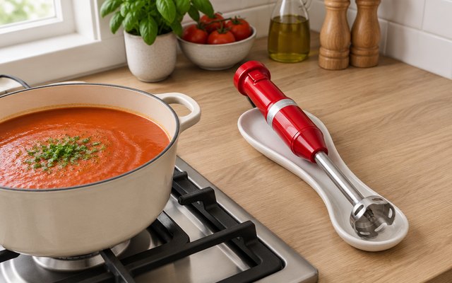 KitchenAid variable speed hand blender, resting on a spoon rest beside a pot of tomato soup on a gas stovetop