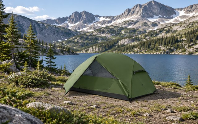 Forceatt 2-person backpacking tent, on a flat spot above a mountain lake in the Rockies