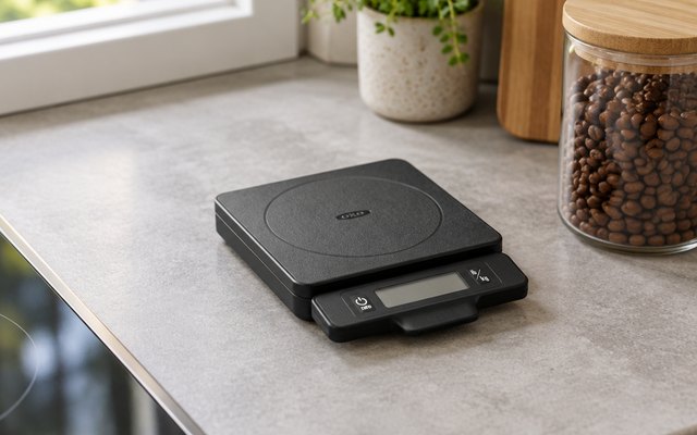 OXO 5 lb food scale, on a small apartment kitchen counter beside a jar of coffee beans