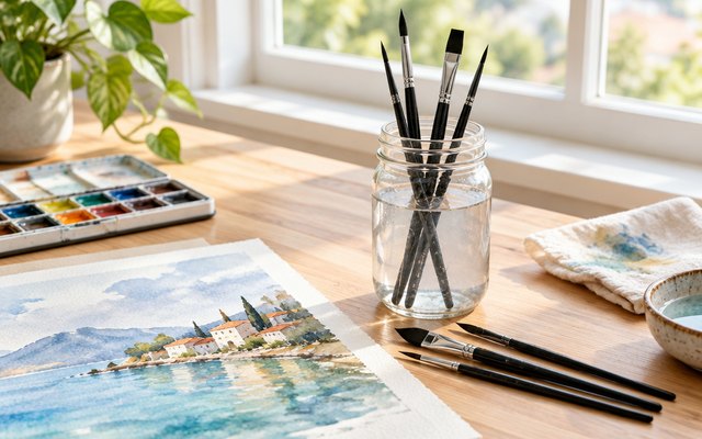 Watercolor brushes from the set, a few of the brushes in a jar of water beside a watercolor painting on a desk by a window