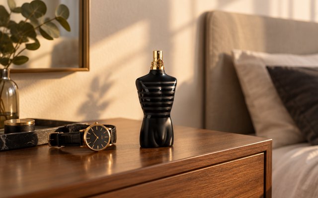 Cologne bottle, on a bedroom dresser beside a watch in warm late-afternoon light