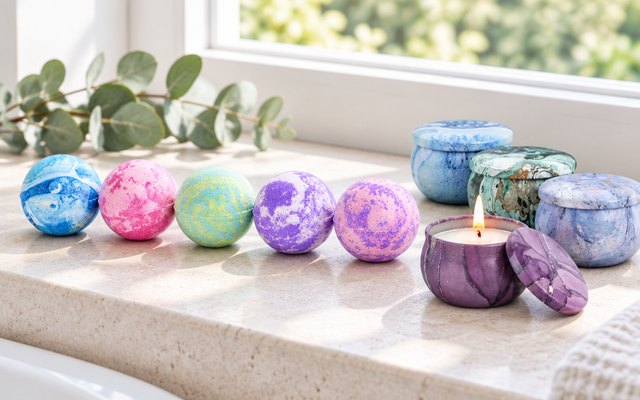 Five marbled pastel bath bombs in a row beside four marble-pattern tin candles, one lit, on a sunny bathroom windowsill
