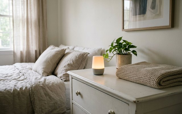 A small white sound machine with a warm night light on a white dresser in a calm guest bedroom