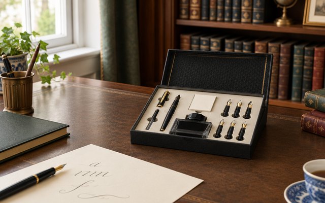 Calligraphy pen gift set, open on a writing desk in a British study, a sheet of cream paper with a few lettered strokes beside it and a bookshelf behind