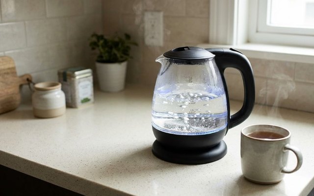 Small glass electric kettle glowing blue as it boils, beside a mug of tea on an apartment counter