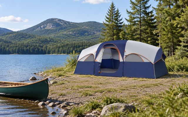 CAMPROS 8-person tent, at a lakeside campsite with a canoe pulled up on the shore