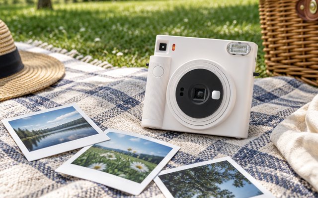 instax SQUARE SQ1 Instant Camera, white square-format instant camera on a picnic blanket in a park with a few square prints laid beside it