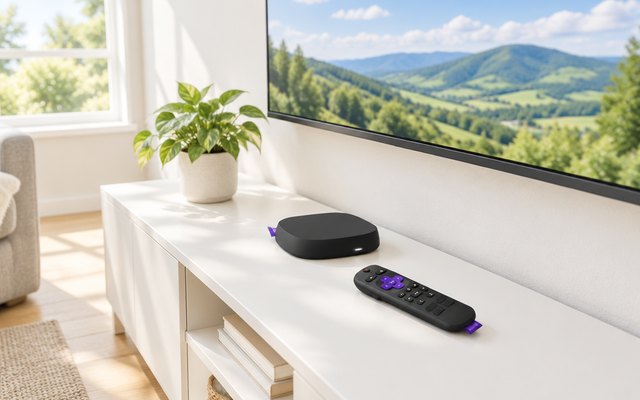 Roku Ultra and its remote, on a TV console in a sunny family room