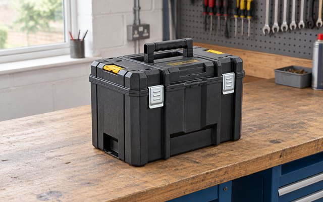 DeWalt TSTAK deep toolbox, on the workbench of a garage workshop