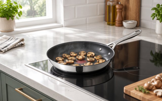 Frying pan, on an induction hob in a British kitchen