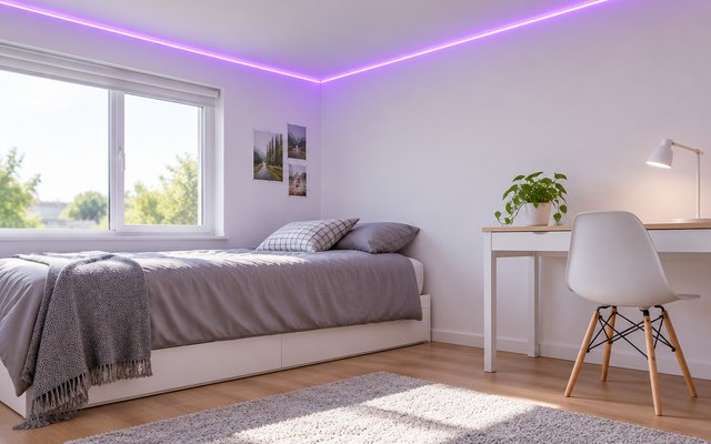 A long RGB LED strip glowing purple along the ceiling line of a bright bedroom