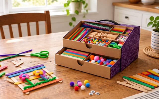 Two-drawer arts and crafts supply case, on a kitchen table with a half-made craft-stick picture beside it