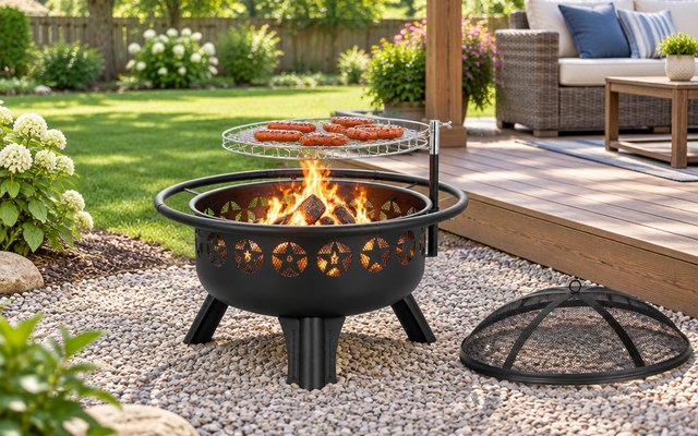 Hykolity 2-in-1 fire pit, a small fire under the swivel grill with hot dogs on it, the spark screen resting on the gravel beside it by a wooden deck