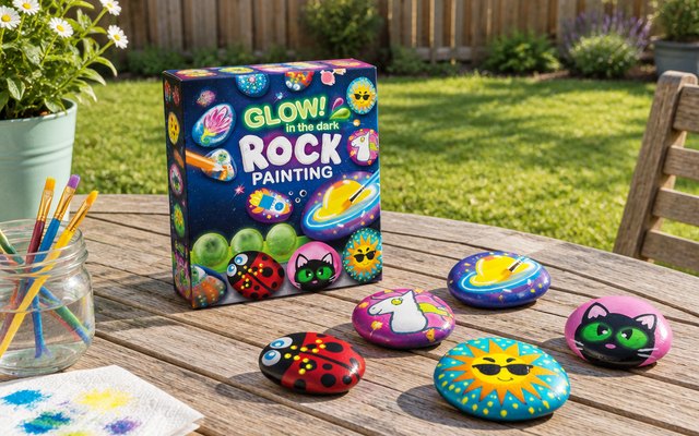 JOYIN rock painting kit, on a garden patio table, a lawn and a wooden fence behind
