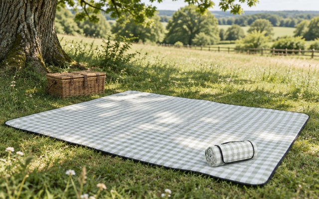 ZAZE gingham picnic blanket, under a shady oak tree in a country meadow with a wicker basket