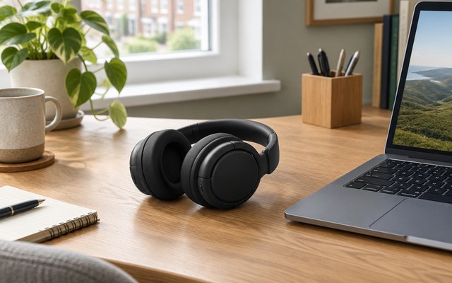 soundcore Q30 headphones, resting on a desk in a British home office beside a laptop
