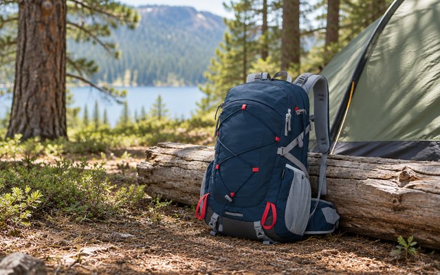 MOUNTAINTOP 40L backpack, leaning against a log beside a tent at a pine campsite