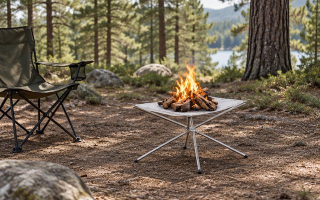 Kikerike folding fire pit, in a campsite clearing in a pine forest, set up on the dirt with a small wood fire burning, a camp chair beside it