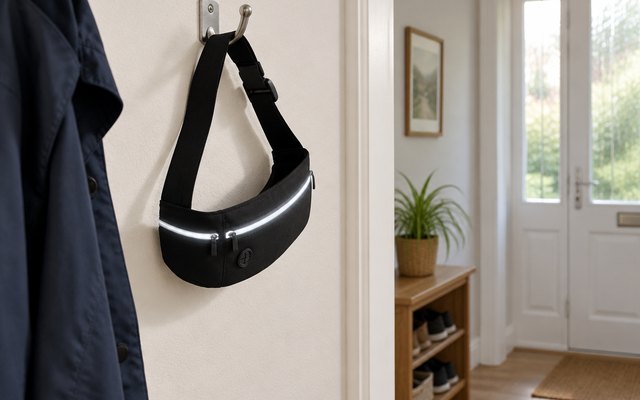 HAISSKY running belt, hanging from a coat hook in a British hallway, its reflective strip catching the light