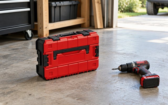 Einhell E-Case, on a garage floor next to a cordless drill