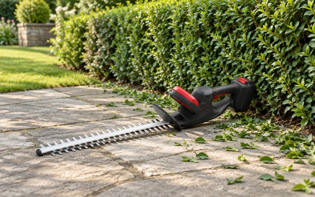 MZK 22-inch hedge trimmer, lying on a stone patio beside a neatly trimmed hedge with a few clippings around it