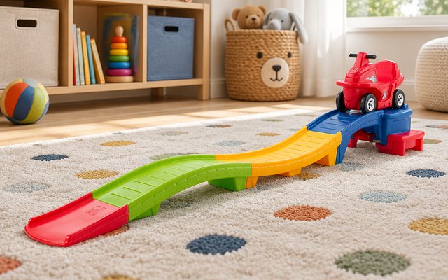 Step2 Up & Down Roller Coaster, on a playroom floor with a rug and toy shelves