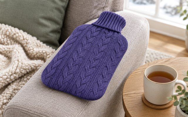 samply 2L Hot Water Bottle with Knitted Cover, hot water bottle in a knitted cover on a sofa arm beside a mug of tea, soft winter daylight