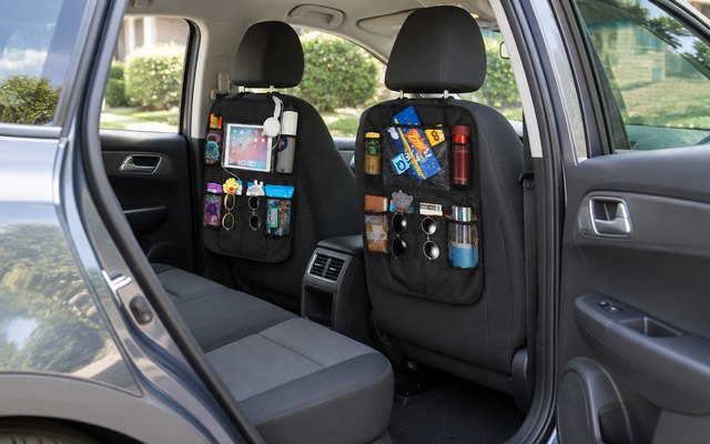 Rightwell car seat organisers, on both front seats, seen through the open rear door