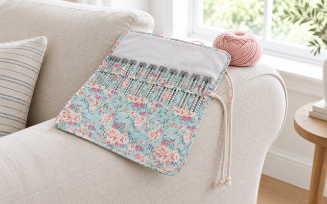 Short steel knitting needles in a floral cotton roll, over the arm of a cream sofa by a window