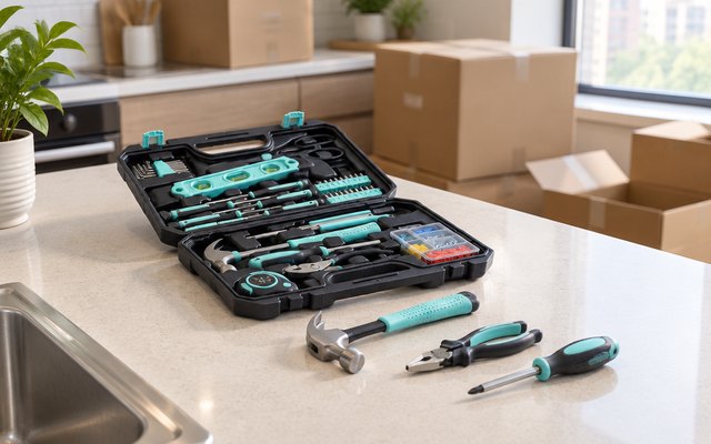 Amazon Basics 142-piece tool kit, on the kitchen counter of a newly moved-in apartment, moving boxes in the background