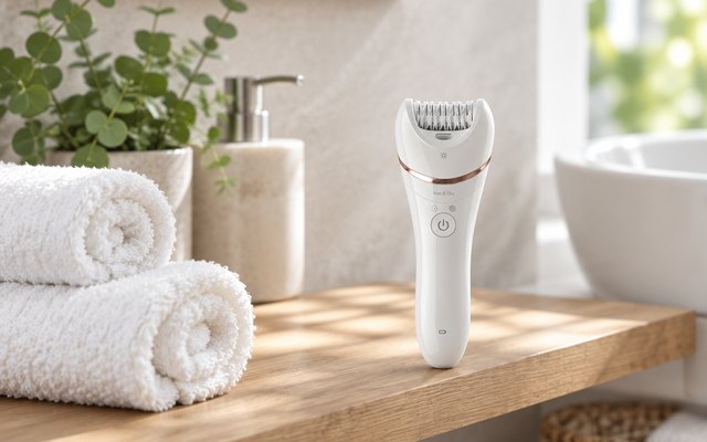 Philips Series 8000 epilator, on a wooden shelf in a bright spa-like bathroom beside rolled white towels
