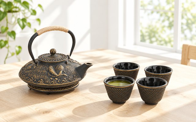 Ufine koi cast-iron teapot and four cups on a sunny pale oak table by a window